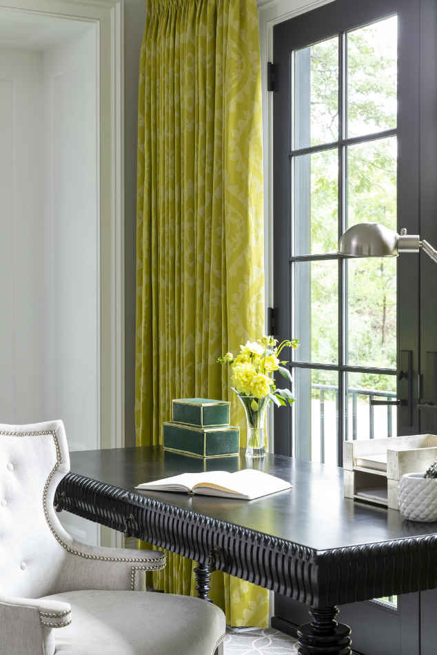 Black Desk With Chartreuse Window Curtains