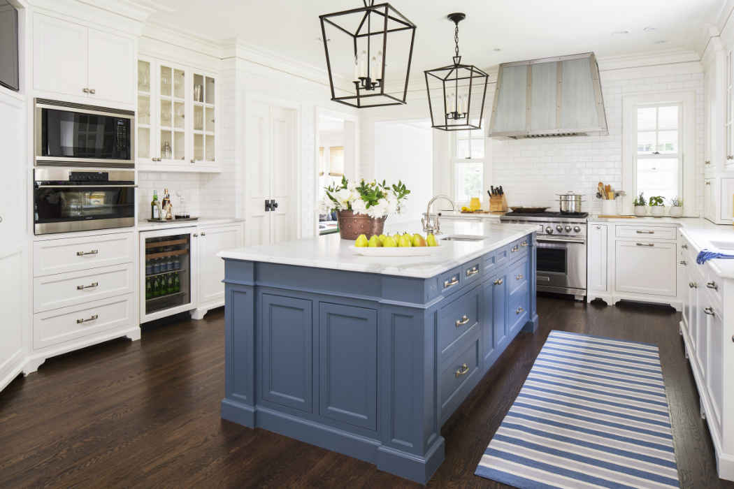 Large White Kitchen With Blue Island