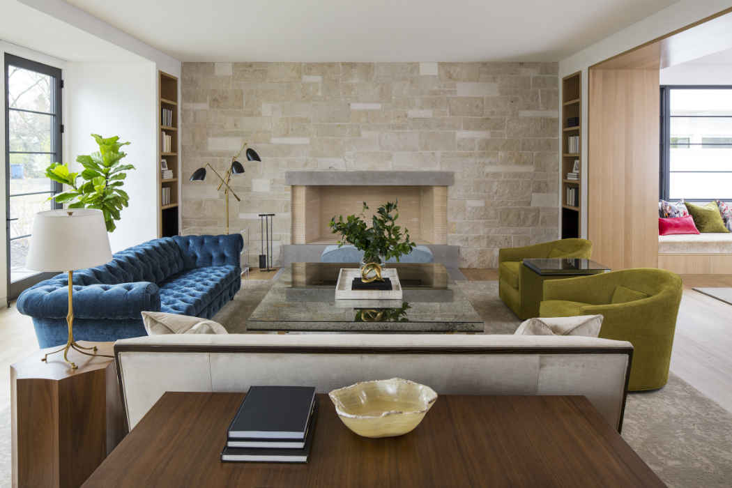 Living Room With Large Stone Fireplace