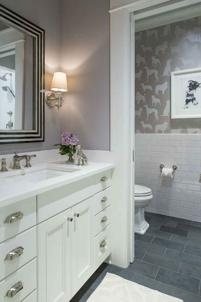 Powder Room With Printed Wallpaper
