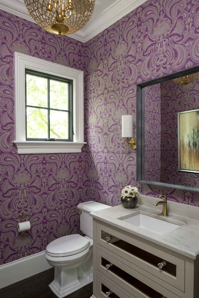 Purple Wallpaper Powder Room With Marble Vanity Sink