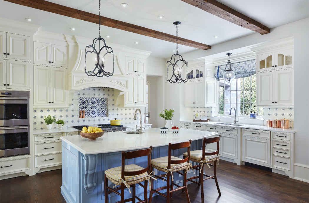 White Kitchen Design With Powder Blue Island