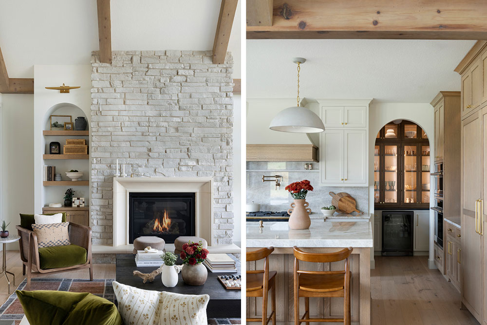 Living Room And Kitchen Designed By O'Hara Interiors. Both areas feature arches in the doorways, built-in shelving, and soft curves in the furniture. 